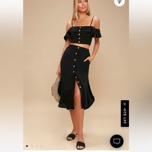 Lulus 2 piece Set, Off the Shoulder, Black Crop top and skirt